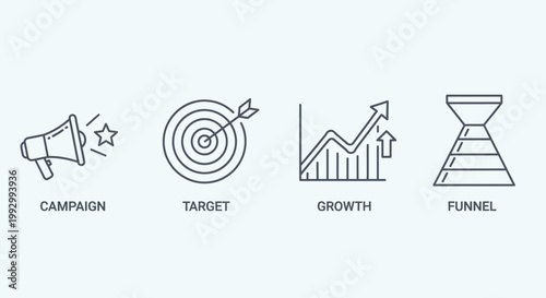 Marketing Campaign Target Growth Funnel Icons Representing Business Strategy And Success
