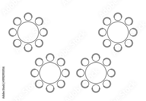 Architectural blueprint displaying furniture arrangement with seating elements. Restaurant layout template showing round tables, interior design symbols, and banquet hall configuration diagram.