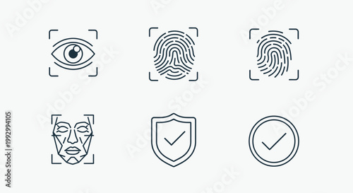 Biometric Authentication Icons Eye Scan, Fingerprint, Face Recognition, Security Shield, and Checkmark