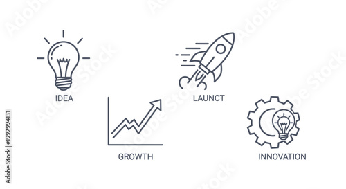 Business Growth and Innovation From Idea to Launch with a Bright Lightbulb and Rocket Symbol