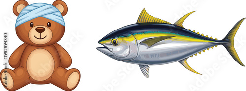 Cute Injured Teddy Bear with Head Bandage and Detailed Yellowfin Tuna Fish Vector Illustration Set for Healthcare, Toys, and Seafood Market Designs