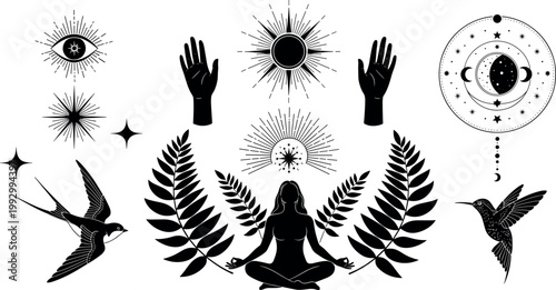 Mystical spiritual symbols set with meditating woman sun moon hands birds and celestial elements in boho style