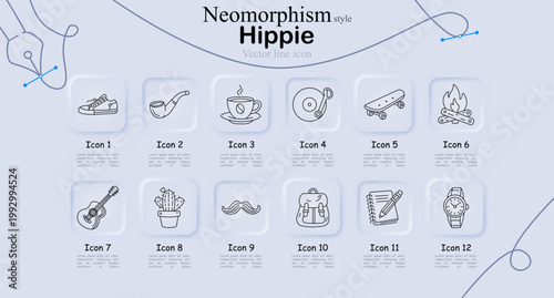 Hippie lifestyle set icon. Minimal line icons with sneaker, pipe, tea cup, vinyl record, skateboard, campfire, guitar, cactus, mustache, backpack, notebook, wristwatch