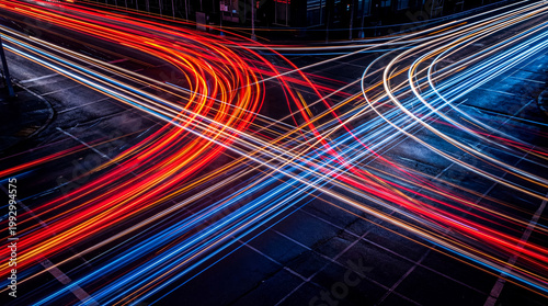 Tableau sur toile Dynamic long exposure photograph of vibrant car light trails forming abstract patterns at a busy city intersection at