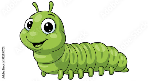 A cute caterpillar with big eyes and a smile crawls slowly