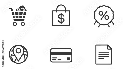 Ecommerce Icons: A collection of simple and elegant icons, representing the essential elements of the digital shopping experience, from browsing to payment. 