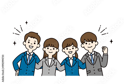 笑顔で肩を組む、リクルートスーツを着た就職活動をする大学生の上半身ベクターイラスト素材