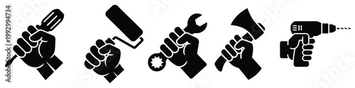 Flat filled icon set of hands holding different tools, labour day vector illustration collection, bold black design representing workers professions, construction and industrial concept icons, 