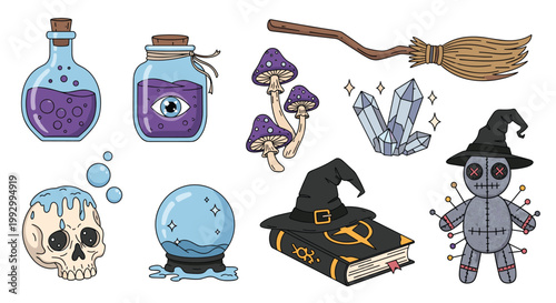 Collection of magical witch related items including a crystal ball skull spell book voodoo doll and various purple potion jars.