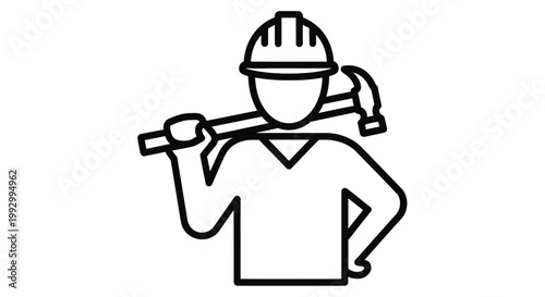 Line drawing of a construction worker carrying a pickaxe over the shoulder