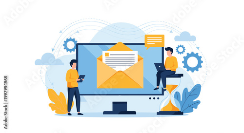 Team of professionals works efficiently around a large computer screen to manage digital emails under a strict time deadline.