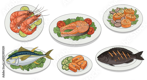 Assorted plates of delicious cooked fish and seafood including salmon steak tuna grilled fish and shrimp with fresh garnishes.