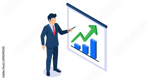 Businessman presenting growth chart on screen.