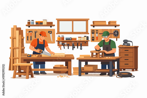 Carpenters working in wood workshop creating furniture