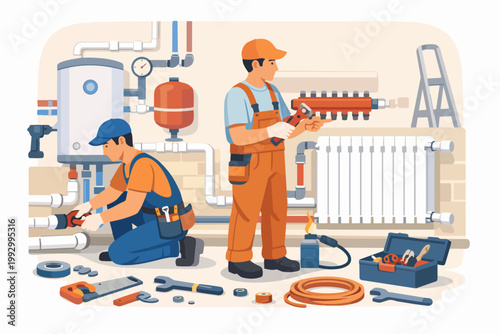 Plumbers working on home heating system maintenance