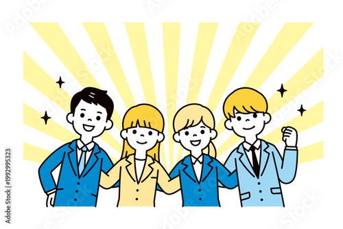 仲間・同僚と元気に肩を組む、複数の男女の就活生・学生のシンプルな上半身ベクターイラスト素材