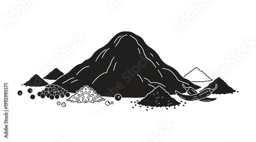 Simple vector drawing of salt, pepper, and spices in a natural hand-sketched look.