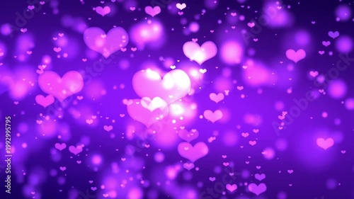 Floating purple hearts with glowing bokeh lights and pink sparkles on a dark violet background loop