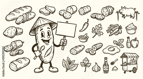 Vintage 1930s Rubber Hose Style Banh Mi Mascot and Vietnamese Street Food Doodle Set