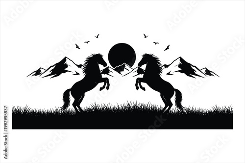 Black horse silhouettes, mountain landscape, sunset vector, animal icons
