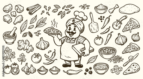 Vintage 1930s Rubber Hose Style Indian Pizza Chef and Ingredients Doodle Set
