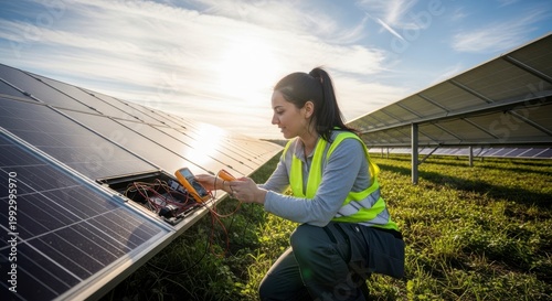 A woman in a yellow safety vest inspects solar panels in a green field on a sunny day