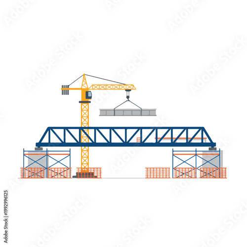A detailed illustration of a bridge construction site featuring a yellow tower crane lifting a concrete slab onto a blue truss structure.