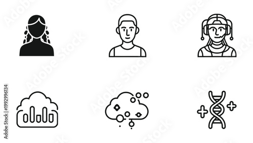 Icons of Science and People: A collection of meticulously crafted icons illustrating various concepts in science and depicting diverse human figures.