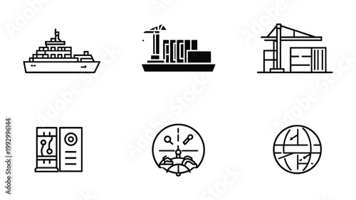 Global Shipping Icons: Collection of maritime and logistical symbols representing worldwide transportation and commerce. 