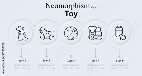 Toy play set icon. Dinosaur figure, rocking horse, beach ball, toy train locomotive, building blocks tower, childhood entertainment, kindergarten activity, kids recreation, nursery fun