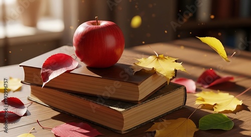 Still life with books apples and autumn leaves