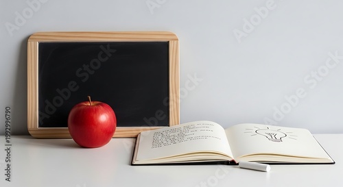 School supplies still life apple chalkboard and open book