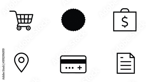 E-commerce Essentials: A collection of simple line icons representing key aspects of online shopping: a shopping cart, sale tag, a shopping bag, location pin, a credit card and document.