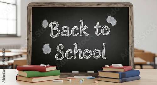 Back to school chalkboard with books and school supplies