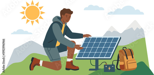 Man installing solar panel on green hill with mountains and sun