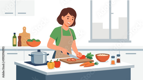 Woman cutting vegetables on kitchen counter with pot and spices nearby indoors