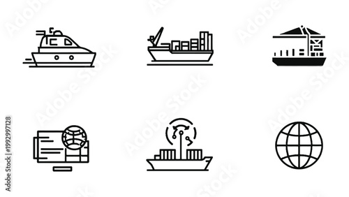 Marine Transport Icon Set: A comprehensive collection of maritime transport icons, encompassing various aspects of shipping, logistics, and global commerce, ideal for illustrating maritime themes.