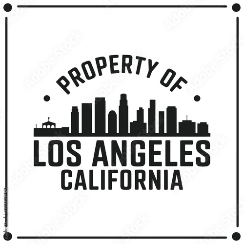 A stylized graphic featuring the los angeles skyline and text