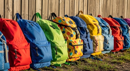 Colorful backpacks hanging in a row at an elementary school