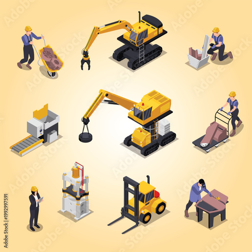 Scrap metal flowchart with industrial equipment symbols isometric vector illustration claw used excavator work wreckage scrapheap corrosion