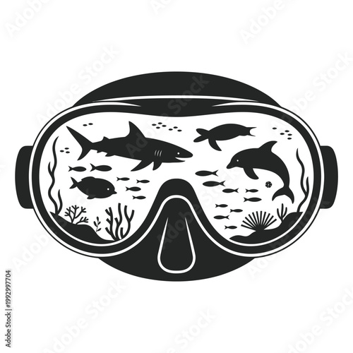 Black and white illustration depicting marine life viewed through diving goggles