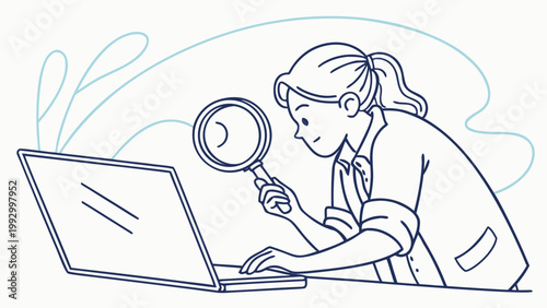Curious woman examines laptop screen with magnifying glass, focused on research and discovery.