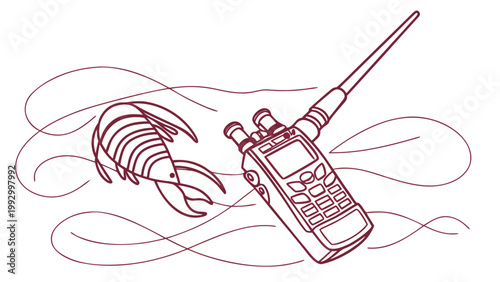 Illustration of a walkie-talkie and a shrimp in wavy lines