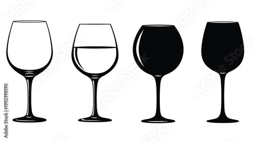 Four wine glasses displaying varying fill levels a stark silhouette