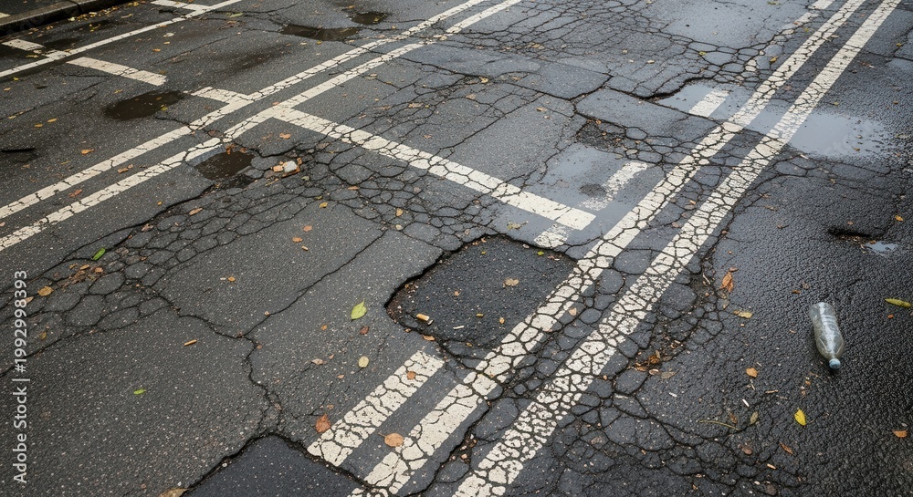 Fototapeta premium Damaged Asphalt Road Surface with White Painted Lines.
