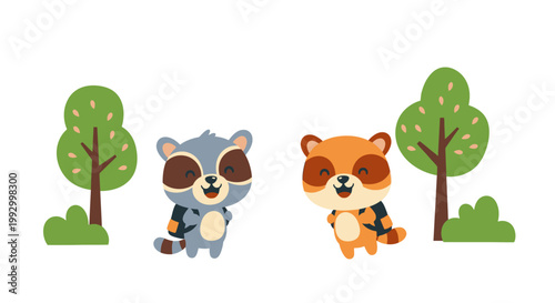 Adorable cartoon raccoons with backpacks and happy expressions standing near simple green trees on a white background with bright playful colors.