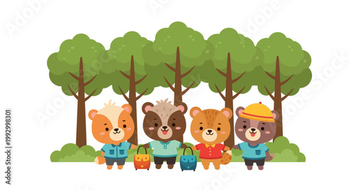 Four adorable cartoon animals wearing backpacks and standing in front of simple green trees on a white background with happy expressions and bright playful colors.