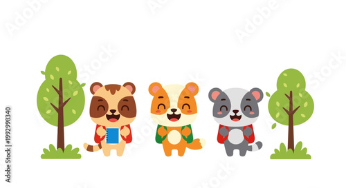 Cartoon animals wearing backpacks and standing happily near simple green trees on a white background with bright playful colors.