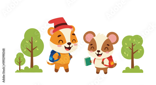Cartoon animals wearing backpacks and smiling, standing with books beside simple green trees on a white background with bright playful colors.