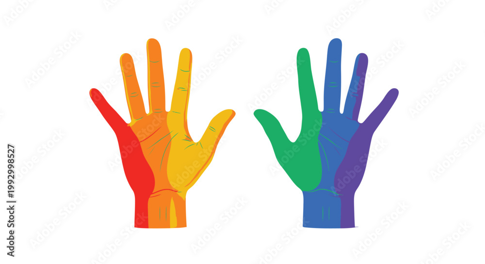 Fototapeta premium Rainbow hands, colorful palms, LGBTQ+ symbol, pride gesture, vector icons